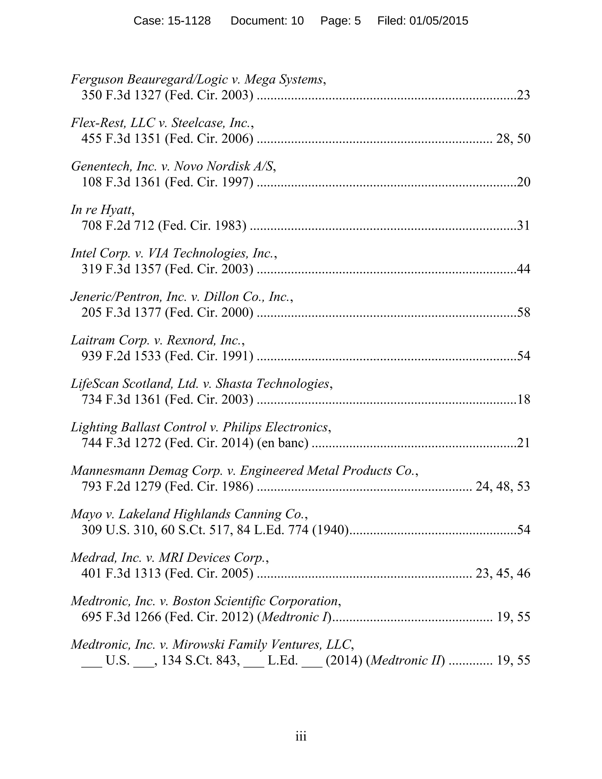 iii
Ferguson Beauregard/Logic v. Mega Systems,
350 F.3d 1327 (Fed. Cir. 2003) ............................................................................23
Flex-Rest, LLC v. Steelcase, Inc.,
455 F.3d 1351 (Fed. Cir. 2006) ..................................................................... 28, 50
Genentech, Inc. v. Novo Nordisk A/S,
108 F.3d 1361 (Fed. Cir. 1997) ............................................................................20
In re Hyatt,
708 F.2d 712 (Fed. Cir. 1983) ..............................................................................31
Intel Corp. v. VIA Technologies, Inc.,
319 F.3d 1357 (Fed. Cir. 2003) ............................................................................44
Jeneric/Pentron, Inc. v. Dillon Co., Inc.,
205 F.3d 1377 (Fed. Cir. 2000) ............................................................................58
Laitram Corp. v. Rexnord, Inc.,
939 F.2d 1533 (Fed. Cir. 1991) ............................................................................54
LifeScan Scotland, Ltd. v. Shasta Technologies,
734 F.3d 1361 (Fed. Cir. 2003) ............................................................................18
Lighting Ballast Control v. Philips Electronics,
744 F.3d 1272 (Fed. Cir. 2014) (en banc) ............................................................21
Mannesmann Demag Corp. v. Engineered Metal Products Co.,
793 F.2d 1279 (Fed. Cir. 1986) ............................................................... 24, 48, 53
Mayo v. Lakeland Highlands Canning Co.,
309 U.S. 310, 60 S.Ct. 517, 84 L.Ed. 774 (1940).................................................54
Medrad, Inc. v. MRI Devices Corp.,
401 F.3d 1313 (Fed. Cir. 2005) ............................................................... 23, 45, 46
Medtronic, Inc. v. Boston Scientific Corporation,
695 F.3d 1266 (Fed. Cir. 2012) (Medtronic I)............................................... 19, 55
Medtronic, Inc. v. Mirowski Family Ventures, LLC,
___ U.S. ___, 134 S.Ct. 843, ___ L.Ed. ___ (2014) (Medtronic II) ............. 19, 55
Case: 15-1128 Document: 10 Page: 5 Filed: 01/05/2015
 