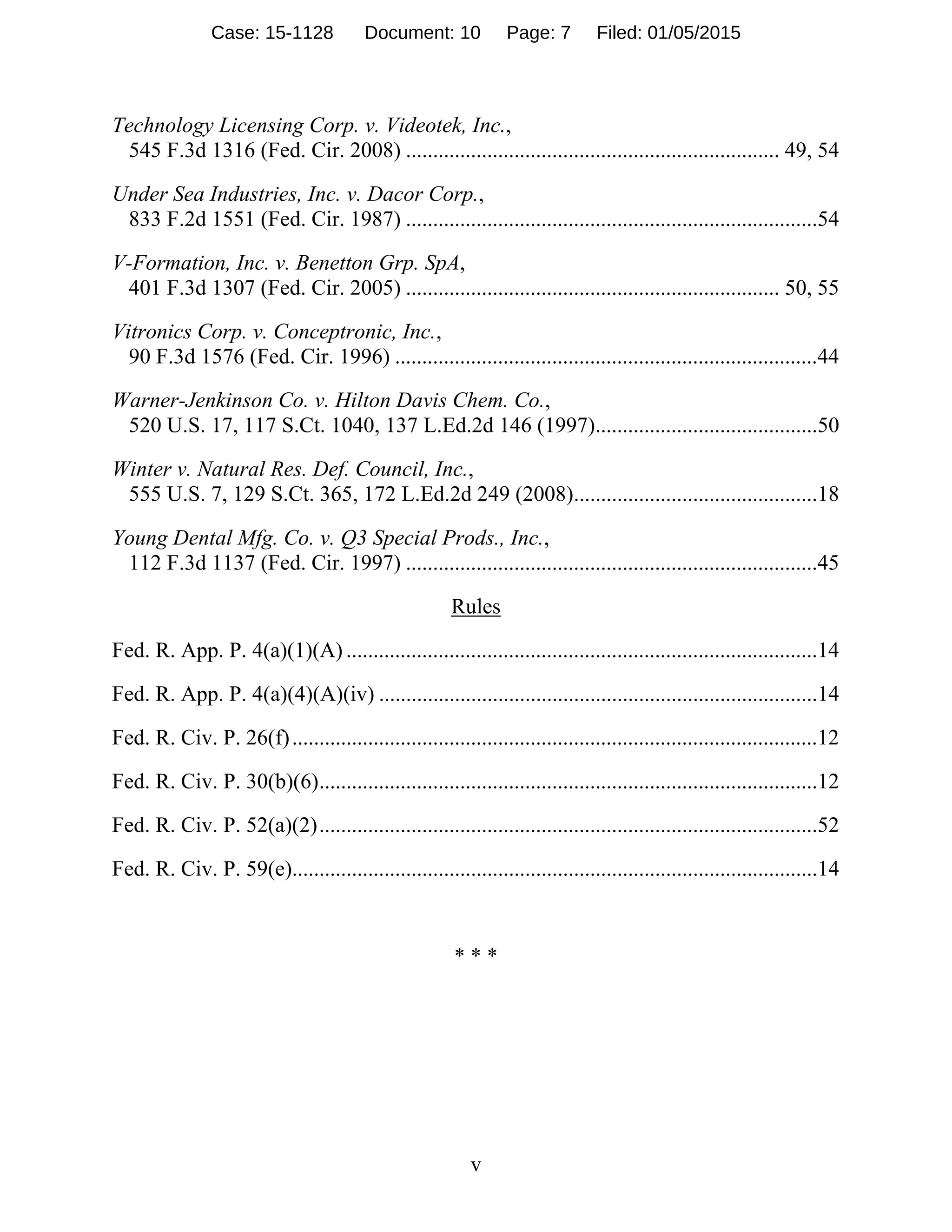 v
Technology Licensing Corp. v. Videotek, Inc.,
545 F.3d 1316 (Fed. Cir. 2008) ..................................................................... 49, 54
Under Sea Industries, Inc. v. Dacor Corp.,
833 F.2d 1551 (Fed. Cir. 1987) ............................................................................54
V-Formation, Inc. v. Benetton Grp. SpA,
401 F.3d 1307 (Fed. Cir. 2005) ..................................................................... 50, 55
Vitronics Corp. v. Conceptronic, Inc.,
90 F.3d 1576 (Fed. Cir. 1996) ..............................................................................44
Warner-Jenkinson Co. v. Hilton Davis Chem. Co.,
520 U.S. 17, 117 S.Ct. 1040, 137 L.Ed.2d 146 (1997).........................................50
Winter v. Natural Res. Def. Council, Inc.,
555 U.S. 7, 129 S.Ct. 365, 172 L.Ed.2d 249 (2008).............................................18
Young Dental Mfg. Co. v. Q3 Special Prods., Inc.,
112 F.3d 1137 (Fed. Cir. 1997) ............................................................................45
Rules 
Fed. R. App. P. 4(a)(1)(A) .......................................................................................14
Fed. R. App. P. 4(a)(4)(A)(iv) .................................................................................14
Fed. R. Civ. P. 26(f).................................................................................................12
Fed. R. Civ. P. 30(b)(6)............................................................................................12
Fed. R. Civ. P. 52(a)(2)............................................................................................52
Fed. R. Civ. P. 59(e).................................................................................................14
* * *
Case: 15-1128 Document: 10 Page: 7 Filed: 01/05/2015
 