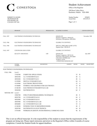 406 PIONEER DR
KITCHENER, ON
CANADA N2P 1K6
299 Doon Valley Drive
Kitchener, Ontario N2G 4M4
Student Achievement
Page 1 of 3
Student Number 0396051
Issued Date: 2012-05-23
ROBERT W ADAMS
Office of the Registrar
This is not an official transcript. It is the responsibility of the student to ensure that the requirements of the
program are being met. Please report omissions and errors to the Registrar's Office within 4 months of course
completion. Consult the Student Guide for appeal deadlines.
40503800 D.C. FUNDAMENTALS II 64 B
40503900 D.C. FUNDAMENTALS LAB 32 A
22902700 STRUCTURED PROGRAMMING TECHNIQUES 48 F
40503700 A.C. FUNDAMENTALS II 64 C
40504000 A.C. FUNDAMENTALS LAB 32 A
51701600 WORKING IN GROUPS: INTER-PERSONAL COMMUNICATION 96 B
50305300 MATHEMATICS II (ELECTRONICS) 64 B
41106300 INTRODUCTION TO MICROPROCESSORS 48 F
WINTER 1987 Level 2
40503600 D.C. FUNDAMENTALS I 48 A
41105800 DIGITAL FUNDAMENTALS 64 A
21302500 COMPUTER APPLICATIONS 32 B
40503500 A.C. FUNDAMENTALS I 48 A
41105900 ELECTRONIC PROTOTYPING 32 A
50304500 MATHEMATICS I 64 C
41106100 ELECTRONICS FUNDAMENTALS LAB 32 A
41106000 SYMBOLS AND GRAPHICS FOR ELECTRONICS 32 B
FALL 1986 Level 1
ELECTRONICS ENGINEERING TECHNOLOGY
COURSE
NUMBER
DESCRIPTION CREDITS HOURS GRADE GRADE POINT
FALL 1987 CONTINUING EDUCATION ELIGIBLE TO CONTINUE
- CONESTOGA HONOUR LIST
Academic Award:
QUALITY ASSURANCE 4.00 GRADUATE
Program Completion: 2007-03-30
Document of Recognition: ONTARIO
COLLEGE CERTIFICATE
June 2007
FALL 1986 ELECTRONICS ENGINEERING TECHNOLOGY SPECIAL TIMETABLE-SAME LEVEL
Depature Date: 1988-04-29
FALL 1987 ELECTRONICS ENGINEERING TECHNICIAN GRADUATE
Program Completion: 1988-08-26
Document of Recognition: DIPLOMA
November 1988
FALL 1986 ELECTRONICS ENGINEERING TECHNOLOGY ELIGIBLE TO CONTINUE
PROGRAM PROGRAM GPA ACADEMIC STANDING CONVOCATION DATE
 