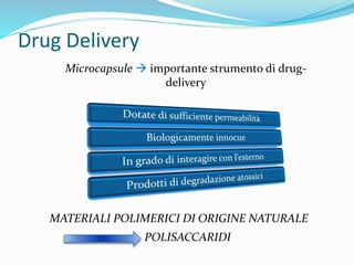 Drug Delivery
Microcapsule  importante strumento di drug-
delivery
MATERIALI POLIMERICI DI ORIGINE NATURALE
POLISACCARIDI
 
