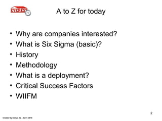 Created by Somya De , April - 2010
2
A to Z for today
• Why are companies interested?
• What is Six Sigma (basic)?
• History
• Methodology
• What is a deployment?
• Critical Success Factors
• WIIFM
 