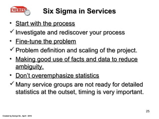 Created by Somya De , April - 2010
25
Six Sigma in ServicesSix Sigma in Services
• Start with the processStart with the process
 Investigate and rediscover your processInvestigate and rediscover your process
• Fine-tune the problemFine-tune the problem
 Problem definition and scaling of the project.Problem definition and scaling of the project.
• Making good use of facts and data to reduceMaking good use of facts and data to reduce
ambiguity.ambiguity.
• Don’t overemphasize statisticsDon’t overemphasize statistics
 Many service groups are not ready for detailedMany service groups are not ready for detailed
statistics at the outset, timing is very important.statistics at the outset, timing is very important.
 