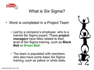 Created by Somya De , April - 2010
5
What is Six Sigma?
• Work is completed in a Project Team
– Led by a company’s employee who is a
trained Six Sigma expert. These project
managers have titles related to their
level of Six Sigma training, such as Black
Belt or Green Belt.
– The team is populated with members
who also have some basic Six Sigma
training, such as yellow or white belts.
 