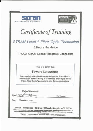 Fibre Optic certificate Stran