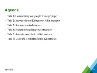 Agenda
• Talk 1: Commentary on google ‘Omega’ paper
• Talk 2: Introduction to Kubernetes with example
• Talk 3: Kubernetes Architecture
• Talk 4: Kubernetes golang code structure
• Talk 5: Areas to contribute in Kubernetes
• Talk 6: VMware`s contribution to Kubernetes
10
 