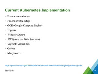 Current Kubernetes Implementation
• Fedora manual setup
• Fedora ansible setup
• GCE (Google Compute Engine)
• vSphere
• Windows Azure
• AWS(Amazon Web Services)
• Vagrant+Virtual box
• Coreos
• Many more…
https://github.com/GoogleCloudPlatform/kubernetes/tree/master/docs/getting-started-guides
29
 