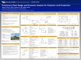 www.buffalo.edu
Project Overview
Motivation
Objective
Approach
Background
Process Flowsheet Overview
Preliminary Plant Design and Economic Analysis for Polylactic Acid Production
William Hilliard, Kaipin Huang, Min Wei, Qibiao Weng
CE 408: Senior Design Project (Advisor: Dr. Johannes Nitsche)
Pre-polymer Reactor
Lactide Reactor
Distillation Column
Holding Tank
Flash Drum
Pump
Plant Layout
Department of Chemical and Biological Engineering, University at Buffalo (SUNY), Buffalo, NY 14260, USA
Economic Analysis
Pinch Analysis
Assessment of Success
Reference
• Jamshidian, Majid, Elmira Arab Tehrany, and Muhammad Imran. "Poly-lactic Acid: Production,
Applications, Nanocomposites, and Release Studies." Comprehensive Reviews in Food Science and Food
Safety 9 (2010): 552. Web. 8 Feb. 2015.
• Rahul M. Rasal , Amol V. Janorkar , Douglas E. Hirt, Poly(lactic acid) modifications. Progress in Polymer
Science. 2010. Pages 339-348.
• Rejeev Mehta, Vineet Kumar, Haripada Bhunia S.N. Synthesis of Poly(Lactic Acid): A Review. Journal of
Macromolecular Science, Part C: Polymer Reviews.
Different Design Approaches
Motivation
•Polylactic acid can replace many plastics currently in use that are not
biodegradable
•It is worth studying whether or not mass production of polylactic acid is
economically viable due to its versatility and a growing market for
biodegradable materials
Objective
•Design a chemical plant based on US Patent 6,326,458 that can produce
300,000,000lbs/year of high molecular weight polylactic acid
Approach
•Use the patent for this process as a jumping off point
•Design and optimize individual unit operations
•Optimize overall process
Stream # Type CP(W/◦C) TS (◦C) Tt (◦C)
Heat
Load(W)
9 hot 4.75E+03 160 41.55 5.63E+05
3 hot 2.45E+04 130 41.55 2.17E+06
1 cold 5.96E+04 25 76.6 3.08E+06
Pinch Point(˚C) 35
Min Hot utility(W) 4.44E+05
Min Cold utility(W) 1.01E+05
Money save for Steam($) 5.71E+05
Money save for Cooling($) 9.58E+04
Total Money saved($) 6.67E+05
S(m2
) 62.34
a 28,000
b 54
n 1.2
Ce ($) 35,693.85435
PED ($) 3.93E+04
TCI ($) 2.33E+05
Equipment Ce($)
Prepolymer
reactor/evaporator 9.30E+05
Holding tank 6.20E+04
Lactide reactor 9.66E+05
Flash drum 7.64E+03
Distillation column 9.98E+04
Pumps 1.35E+05
Total equipment cost 2.20E+06
FCI 1.22E+07 $
WCI 2.15E+06 $
TCI 1.44E+07 $
MC 1.90E+08 $
Revenue 3.00E+08 $/year
Npave 4.00E+07 $/year
ROI 278.62%
NPW 7.00E+08 $
• Tubes: 750
• Diameter: 1in
• Height: 5.7m
• Conversion: 90% of entering lactic
acid
• Stream 2
T=76.6°C, P=60mmHg
Mass flowrate: 43,200kg/h
Pipe: 12m, 3.01kW
• Stream 4
T=130°C, P=60mmHg
Mass flowrate: 22,260 kg/h
Pipe: 21m, 1.67kW
• Diameter: 5.9m
• Height: 5.9m
• T=130°, P=60mmHg
• Mass Flowrate: 22,260kg/h
• Pipe: 19m, 0.0963kW
• Line 4 pump design: 1¼ 1750RPM
pump with 9’’ impeller
• Designed to hold a buildup of
liquid over 8 hours
C
• Reactor Type: Falling film evaporator
• Conversion:80% of entering pre-polymer
• P=60mmHg
• Total heat transfer area: 386m2
• Pipe: 840 schedule 40 commercial steel 1
inch nominal diameter
• Stream 6
Mass flowrate: 26715 kJ/h
T=148°C, P=60mmHg
• Stream 7
Mass flowrate: 4452 kJ/h
T=150°C, P=60mmHg
• Flim thickness: 0.9mm to 1.7mm from
bottom to top
• TLiquid film-gas interface : 172-178 °C
• Purpose: to separate water
• Liquid outlet mass flowrate:
18,210kg/h, 12wt% lactic acid and
88wt% lactide
• T=150°C, P=60mmHg
• Total volume: 1.22m3
• The cross-sectional area: 0.664m2
• Diameter: 0.9m
• Height: 1.8m
• Feed: 18,210kg/h
T=150°C, P=60mmHg
• Distillate: 3,450 kg/h
T=125°C, P=10mmHg, 95wt% lactic acid
and 5wt% lactide
• Bottom: 17,010 kg/h
T=148°C, P=10mmHg, 99.99% lactide and
0.01wt% lactic acid
• Reflux ratio: 2.88
• Boil-up ratio: 1.7
• Height: 13m
• Diameter: 1.4m
• Condenser: 97,000kg/h cooling water;
4.070,000kJ/h
• Reboiler: 5,590kg/h stream;
11,140,000kJ/h
Table 1. Information for all Streams
Table 2. Summary Table for Pinch Analysis and Economic Analysis Table 3. Capital Investment of Heat Exchanger
Table 4. Summary Table for All Equipment Cost Table 5. Summary Table for Economic Analysis
• Pre-polymer Reactor
Setting up VLE calculation using the UNIFAC method for the pre-polymer instead of
approximating temperature by a rough estimate
• Density and viscosity calculation for each stream assumes ideal mixtures
• Improvement
Set up the VLE calculations for the pre-polymer
Splitting the pre-polymer reactor system into two separate units
General Information
•Carothers discovered polylactic acid in 1932
•Polylactic acid is a biodegradable plastic
•Lactic acid is primary material used to make PLA
•In 1930’s, low molecular weight of PLA was produced
•Later on, high molecular weight of PLA was synthesized
Application
•In textiles and non-woven industry
Serve as binder fiber, filler for fiber
•In medical
Drug delivery, dissolvable sutures
•In agricultural
A substitute of material like PVC
Market
•Worth $5,010.7 million by 2019
•Annual growth rate of 20.8%
• Designed a pump for line 5
between pre-polymer
reactor and holding tank
• 1 ¼ BC 1750RPM Bell &
Gossett pump met the
requirements
• Operating curve for valve
positions 25% open to
100% open shown at right
• Efficiency: 56.7% when the
valve is 75% open
• We were able to design an economically feasible process to mass
produce high molecular weight polylactic acid, however some
design mistakes and invalid assumptions may have been made that
call the economic results into question
• We successfully designed the pre-polymer reactor, holding tank,
lactide reactor, and distillation system in this process
• A detailed design of combined heat and mass transfer was achieved
for the lactide reactor
• Pipelines for each stream were completely designed and a detailed
pump design was completed for the line between the pre-polymer
reactor and the holding tank
• We optimized the process by specifying reactor conversions and two
recycle streams
• We also performed a pinch analysis to save money on utilities
Nature works INGEO PLA plant in Blair, Nebraska
<http://greenchemicalsblog.blogspot.com/2013_09_
01_archive.html>
Operating curve for the chosen pump and valve
system
 