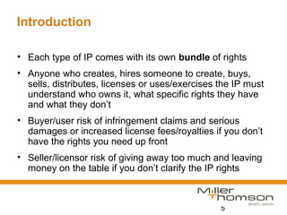 5
Introduction
• Each type of IP comes with its own bundle of rights
• Anyone who creates, hires someone to create, buys,
sells, distributes, licenses or uses/exercises the IP must
understand who owns it, what specific rights they have
and what they don’t
• Buyer/user risk of infringement claims and serious
damages or increased license fees/royalties if you don’t
have the rights you need up front
• Seller/licensor risk of giving away too much and leaving
money on the table if you don’t clarify the IP rights
 