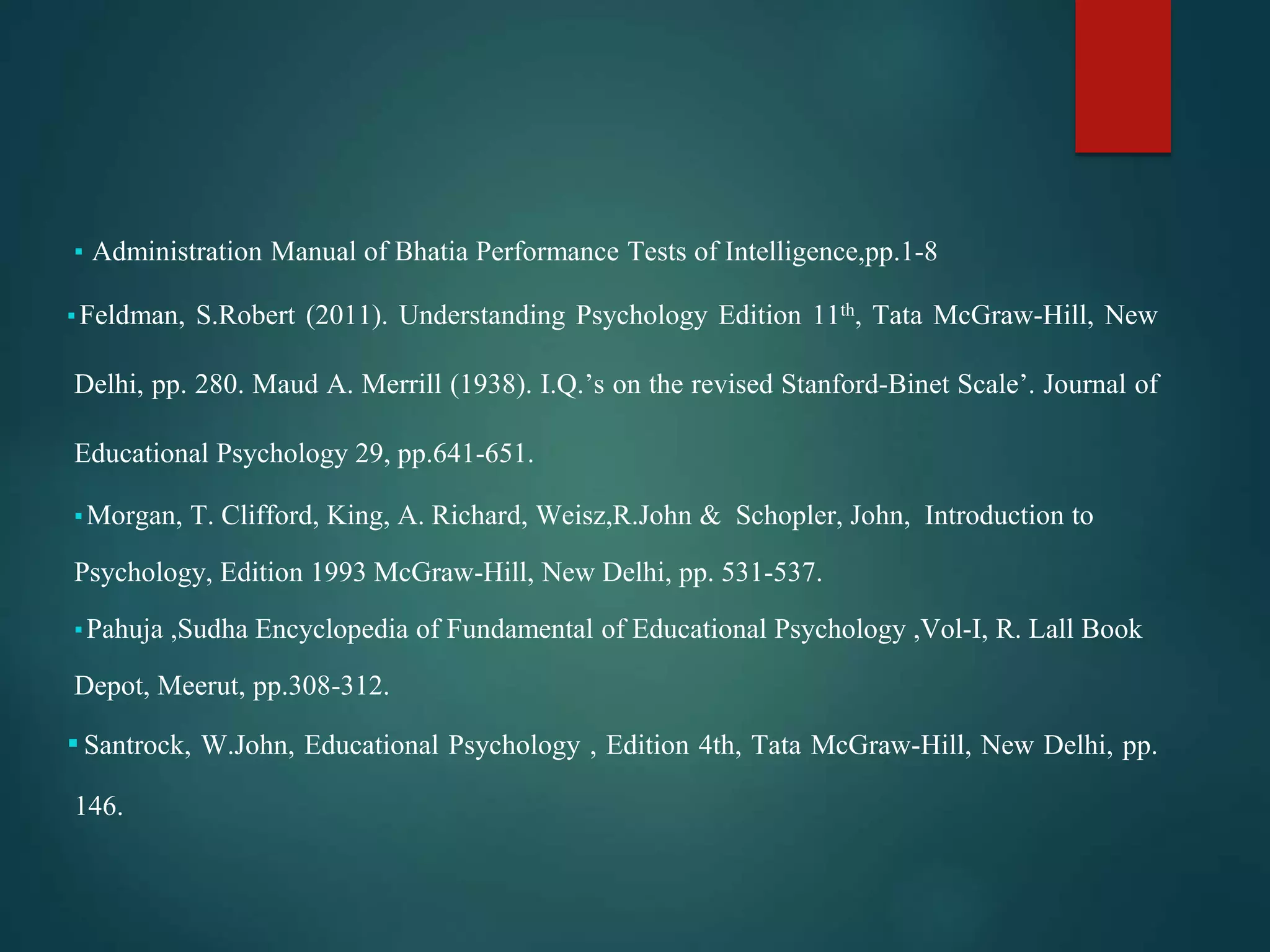 ▪ Administration Manual of Bhatia Performance Tests of Intelligence,pp.1-8
▪Feldman, S.Robert (2011). Understanding Psychology Edition 11th, Tata McGraw-Hill, New
Delhi, pp. 280. Maud A. Merrill (1938). I.Q.’s on the revised Stanford-Binet Scale’. Journal of
Educational Psychology 29, pp.641-651.
▪Morgan, T. Clifford, King, A. Richard, Weisz,R.John & Schopler, John, Introduction to
Psychology, Edition 1993 McGraw-Hill, New Delhi, pp. 531-537.
▪Pahuja ,Sudha Encyclopedia of Fundamental of Educational Psychology ,Vol-I, R. Lall Book
Depot, Meerut, pp.308-312.
▪Santrock, W.John, Educational Psychology , Edition 4th, Tata McGraw-Hill, New Delhi, pp.
146.
 