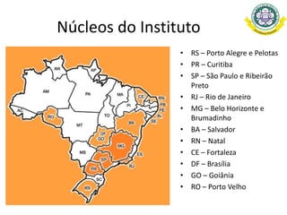 Núcleos do Instituto
• RS – Porto Alegre e Pelotas
• PR – Curitiba
• SP – São Paulo e Ribeirão
Preto
• RJ – Rio de Janeiro
• MG – Belo Horizonte e
Brumadinho
• BA – Salvador
• RN – Natal
• CE – Fortaleza
• DF – Brasília
• GO – Goiânia
• RO – Porto Velho
 