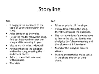 Storyline 
Yes 
• It engages the audience to the 
topic of your choice within the 
song. 
• Adds emotion to the video. 
• Helps the reader follow the song, 
find out how you interpret the 
song and its meaning to you. 
• Visuals match lyrics. - Goodwin 
• Acting enhances the emotion 
within the song, meeting the 
audiences needs. 
• Adds to the artistic element 
within music. 
• Theorists 
No 
• Takes emphasis off the singer. 
• It may detract from the song, 
thereby confusing the audience. 
• The narrative doesn’t always have 
to link to the visuals. Sometimes 
the lyrics don’t have meaning and 
therefore cant link to visuals. 
• Mood of the storyline creates 
visuals. 
• Making the narrative make sense 
in the short amount of time 
given. 
