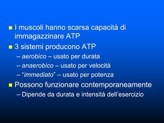  I muscoli hanno scarsa capacità di
  immagazzinare ATP
 3 sistemi producono ATP
    – aerobico – usato per durata
    – anaerobico – usato per velocità
    – ―immediato‖ – usato per potenza
   Possono funzionare contemporaneamente
    – Dipende da durata e intensità dell’esercizio
 