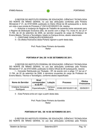IFNMG-Reitoria PORTARIAS
O REITOR DO INSTITUTO FEDERAL DE EDUCAÇÃO, CIÊNCIA E TECNOLOGIA
DO NORTE DE MINAS GERAIS, no uso das atribuições conferidas pela Portaria
Ministerial nº 31, de 07/01/2009, publicada no Diário Oficial de 08 subsequente e, tendo
em vista o que consta do Processo nº 23414.001005/2011-54, resolve:
I – Autorizar a mudança do Regime de Trabalho de quarenta horas semanais para
o Regime de Dedicação Exclusiva (DE), de acordo com o artigo 112, inciso III, da Lei nº
11.784, de 22 de setembro de 2008, ao servidor ocupante do cargo de Professor de
Ensino Básico, Técnico e Tecnológico, lotado no Campus Arinos, abaixo relacionado:
1 – CRISTIANE GONÇALVES RODRIGUES
II – Os efeitos financeiros desta Portaria vigoram a partir desta data.
Prof. Paulo César Pinheiro de Azevêdo
Reitor
PORTARIA Nº 394, DE 14 DE SETEMBRO DE 2011.
O REITOR DO INSTITUTO FEDERAL DE EDUCAÇÃO, CIÊNCIA E TECNOLOGIA
DO NORTE DE MINAS GERAIS, no uso das atribuições conferidas pela Portaria
Ministerial nº 31, de 07/01/2009, publicada no Diário Oficial de 08 subsequente, resolve:
I – Conceder Retribuição por Titulação - RT, de acordo com o artigo 117 da Lei nº
11.784, de 22 de setembro de 2008, à servidora ocupantes do cargo de Professor de
Ensino Básico, Técnico e Tecnológico, conforme abaixo especificado:
Nome do Servidor
Nível
corresponden
te da RT
Lotação Processo
Efeitos
Financeiros
Cristiane Gonçalves
Rodrigues
Especialização
Campus
Arinos
23392.000163/2011-92 05/09/2011
II - Esta Portaria entra em vigor a partir desta data.
Prof. Paulo César Pinheiro de Azevêdo
Reitor
PORTARIA Nº 395, DE 16 DE SETEMBRO DE 2011.
O REITOR DO INSTITUTO FEDERAL DE EDUCAÇÃO, CIÊNCIA E TECNOLOGIA
DO NORTE DE MINAS GERAIS, no uso das atribuições conferidas pela Portaria
Boletim de Serviço Setembro/2011 Pag. 15
 