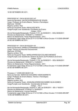 IFNMG-Reitoria CONCESSÕES
19 DE SETEMBRO DE 2011.
PROCESSO N.º: 23414.001021/2011-47
Nome da Servidora: VALESCA RODRIGUES DE SOUZA
Cargo: Professor de Ensino Básico, Técnico e Tecnológico
Matrícula: 1543387
Regime Jurídico: RJU
Nome do Ocupante Titular: ANA ALVES NETA
Cargo/Função a ser Substituída: Pró-Reitora de Ensino
Código - CD-2
Ato de Nomeação/Designação: Portaria nº 311, de 05/08/2011 – DOU 08/08/2011
Período do Afastamento: 15/08/2011 a 13/09/2011
Motivo do Afastamento: Férias Regulamentares - 2011
Fundamento Legal: Artigo 38 da Lei nº 8.112/1990 e Ofício-Circular nº 01/2005-SRH/MP
20 DE SETEMBRO DE 2011.
PROCESSO N.º: 23414.001022/2011-91
Nome da Servidora: DANIELA FERNANDES GOMES
Cargo: Técnico em Assuntos Educacionais
Matrícula: 2727546
Regime Jurídico: RJU
Nome do Ocupante Titular: MARIA APARECIDA COLARES MENDES
Cargo/Função a ser Substituída: Diretora de Ensino da Pró-Reitoria de Ensino
Código - CD-3
Ato de Nomeação/Designação: Portaria nº 312, de 05/08/2011 – DOU 08/08/2011
Período do Afastamento: 15/08/2011 a 13/09/2011
Motivo do Afastamento: Férias Regulamentares - 2011
Fundamento Legal: Artigo 38 da Lei nº 8.112/1990 e Ofício-Circular nº 01/2005-SRH/MP
20 DE SETEMBRO DE 2011.
Processo n.º: 23395.000126/2011-54
Nome do Servidor: MARIA DO SOCORRO VIEIRA BARRETO
Cargo: Professor de Ensino Básico, Técnico e Tecnológico
Matrícula: 1730611
Regime Jurídico: RJU
Nome do Ocupante Titular: JOAQUINA APARECIDA NOBRE SILVA GOMES
Cargo/Função a ser Substituída: Coordenador de Ensino
Código – FG-1
Ato de Nomeação/Designação: Portaria nº 206, de 02/06/2011 – BS n.º 06/2011
Período do Afastamento: 01/09/2011 a 30/09/2011
Motivo do Afastamento: Licença Gestante
Fundamento Legal: Artigo 38 da Lei nº 8.112/1990 e Ofício Circular nº 01/2005-SRH/MP
19 DE SETEMBREO DE 2011.
Boletim de Serviço Setembro/2011 Pag. 38
 