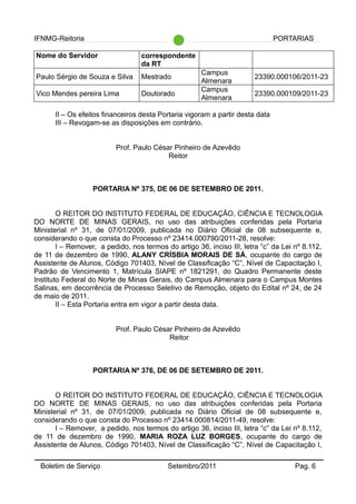 IFNMG-Reitoria PORTARIAS
Nome do Servidor correspondente
da RT
Paulo Sérgio de Souza e Silva Mestrado
Campus
Almenara
23390.000106/2011-23
Vico Mendes pereira Lima Doutorado
Campus
Almenara
23390.000109/2011-23
II – Os efeitos financeiros desta Portaria vigoram a partir desta data
III – Revogam-se as disposições em contrário.
Prof. Paulo César Pinheiro de Azevêdo
Reitor
PORTARIA Nº 375, DE 06 DE SETEMBRO DE 2011.
O REITOR DO INSTITUTO FEDERAL DE EDUCAÇÃO, CIÊNCIA E TECNOLOGIA
DO NORTE DE MINAS GERAIS, no uso das atribuições conferidas pela Portaria
Ministerial nº 31, de 07/01/2009, publicada no Diário Oficial de 08 subsequente e,
considerando o que consta do Processo nº 23414.000790/2011-28, resolve:
I – Remover, a pedido, nos termos do artigo 36, inciso III, letra “c” da Lei nº 8.112,
de 11 de dezembro de 1990, ALANY CRÍSBIA MORAIS DE SÁ, ocupante do cargo de
Assistente de Alunos, Código 701403, Nível de Classificação “C”, Nível de Capacitação I,
Padrão de Vencimento 1, Matrícula SIAPE nº 1821291, do Quadro Permanente deste
Instituto Federal do Norte de Minas Gerais, do Campus Almenara para o Campus Montes
Salinas, em decorrência de Processo Seletivo de Remoção, objeto do Edital nº 24, de 24
de maio de 2011.
II – Esta Portaria entra em vigor a partir desta data.
Prof. Paulo César Pinheiro de Azevêdo
Reitor
PORTARIA Nº 376, DE 06 DE SETEMBRO DE 2011.
O REITOR DO INSTITUTO FEDERAL DE EDUCAÇÃO, CIÊNCIA E TECNOLOGIA
DO NORTE DE MINAS GERAIS, no uso das atribuições conferidas pela Portaria
Ministerial nº 31, de 07/01/2009, publicada no Diário Oficial de 08 subsequente e,
considerando o que consta do Processo nº 23414.000814/2011-49, resolve:
I – Remover, a pedido, nos termos do artigo 36, inciso III, letra “c” da Lei nº 8.112,
de 11 de dezembro de 1990, MARIA ROZA LUZ BORGES, ocupante do cargo de
Assistente de Alunos, Código 701403, Nível de Classificação “C”, Nível de Capacitação I,
Boletim de Serviço Setembro/2011 Pag. 6
 