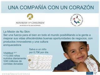 www.goforyourbusiness.euwww.goforyourbusiness.eu
UNA COMPAÑÍA CON UN CORAZÓN
VitaMeal 2011
•113.000 niños
nutridos diariamente
•240 millones de
comidas donadas
La Misión de Nu Skin:
Ser una fuerza para el bien en todo el mundo posibilitando a la gente a
mejorar sus vidas ofreciéndoles buenas oportunidades de negocios, con
productos innovadores y una cultura
enriquecedora
Salva a un niño
por 0,75€ por día.
 
