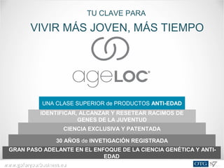 www.goforyourbusiness.euwww.goforyourbusiness.eu
GRAN PASO ADELANTE EN EL ENFOQUE DE LA CIENCIA GENÉTICA Y ANTI-
EDAD
30 AÑOS de INVETIGACIÓN REGISTRADA
CIENCIA EXCLUSIVA Y PATENTADA
UNA CLASE SUPERIOR de PRODUCTOS ANTI-EDAD
IDENTIFICAR, ALCANZAR Y RESETEAR RACIMOS DE
GENES DE LA JUVENTUD
VIVIR MÁS JOVEN, MÁS TIEMPO
®
TU CLAVE PARA
 