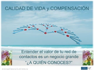 www.goforyourbusiness.euwww.goforyourbusiness.eu
CALIDAD DE VIDA y COMPENSACIÓN
“¿A QUIÉN CONOCES?”
Entender el valor de tu red de
contactos es un negocio grande
 