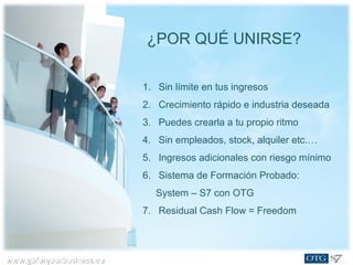 www.goforyourbusiness.euwww.goforyourbusiness.eu
¿POR QUÉ UNIRSE?
1. Sin límite en tus ingresos
2. Crecimiento rápido e industria deseada
3. Puedes crearla a tu propio ritmo
4. Sin empleados, stock, alquiler etc.…
5. Ingresos adicionales con riesgo mínimo
6. Sistema de Formación Probado:
System – S7 con OTG
7. Residual Cash Flow = Freedom
 