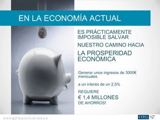 www.goforyourbusiness.euwww.goforyourbusiness.eu
ES PRÁCTICAMENTE
IMPOSIBLE SALVAR
NUESTRO CAMINO HACIA
LA PROSPERIDAD
ECONÓMICA
Generar unos ingresos de 3000€
mensuales
a un interés de un 2,5%
REQUIERE
€ 1,4 MILLONES
DE AHORROS!
EN LA ECONOMÍA ACTUAL
 