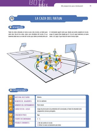 B O T ET E
                                         BO                                                    100 propuestas para minibasket                       41




   29                                           LA CAZA DEL RATóN

       DESCRIPCIÓN

Todos los niños colocados en torno a uno o dos círculos; un balón para    él, intentando cogerle antes que, dando una vuelta completa al círculo,
cada niño. Uno de los niños, ratón, corre alrededor del círculo. En un    ocupe el espacio libre dejado por él. Si no le coge tendremos un nuevo
momento dado toca a un niño del círculo, que saldrá corriendo detrás de   ratón; si le coge, el que hacía de ratón al inicio repite.




       ESPECIFICACIONES


           MATERIAL NECESARIO                       Balones.

           NÚMERO DE JUGADORES                      De 6 en adelante.

           MOMENTO DEL ENTRENAMIENTO                Parte inicial.

           CARÁCTER DEL JUEGO                       Juego de persecución con predominio de la arrancada y el bote de velocidad como
                                                    componentes técnicos principales.

           EXIGENCIA FÍSICA                         Baja.

           TIEMPO RECOMENDADO                       3’ – 5’

           POSIBLES VARIANTES                       a) Dar dos vueltas al círculo.
                                                    b) Utilizar la mano no dominante para botar.
 