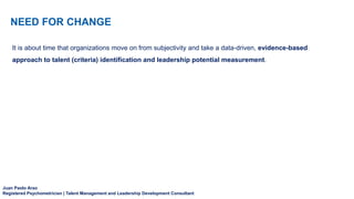 Juan Paolo Arao
Registered Psychometrician | Talent Management and Leadership Development Consultant
NEED FOR CHANGE
It is about time that organizations move on from subjectivity and take a data-driven, evidence-based
approach to talent (criteria) identification and leadership potential measurement.
 