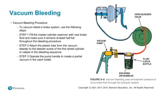 Copyright © 2021, 2017, 2014, Pearson Education, Inc. All Rights Reserved
Vacuum Bleeding
• Vacuum Bleeding Procedure
– To vacuum bleed a brake system, use the following
steps:
– STEP 1 Fill the master cylinder reservoir with new brake
fluid and make sure it remains at least half full
throughout the bleeding procedure.
– STEP 2 Attach the plastic tube from the vacuum
bleeder to the bleeder screw of the first wheel cylinder
or caliper in the bleeding sequence.
– STEP 3 Operate the pump handle to create a partial
vacuum in the catch bottle.
 