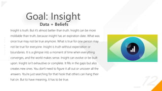 _12
O
|
S
I
G
N
.
O
R
G
Goal: Insight
Insight is truth. But it’s almost better than truth. Insight can be more
moldable than truth, because insight has an expiration date. What was
once true may not be true anymore. What is true for one person may
not be true for everyone. Insight is truth without expectation or
boundaries. It is a glimpse into a moment of time when everything
converges, and the world makes sense. Insight can evolve or be built
upon. Insight isn’t exhaustive or complete. It fills in the gaps but also
creates new ones. You don't need to figure it all out or uncover all the
answers. You're just searching for that hook that others can hang their
hat on. But to have meaning, it has to be true.
Data + Beliefs
 