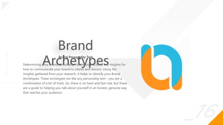 _16
O
|
S
I
G
N
.
O
R
G
Brand
Archetypes
Determining your brand personality can provide a lot of key insights for
how to communicate your brand to clients and donors. Using the
insights gathered from your research, it helps to identify your Brand
Archetypes. These archetypes are like any personality test – you are a
combination of a lot of traits. So, there is no hard and fast rule, but these
are a guide to helping you talk about yourself in an honest, genuine way
that reaches your audience.
Brand Personality Test
 
