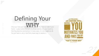 _21
O
|
S
I
G
N
.
O
R
G
Defining Your
WHY
Once you have your why, you have to own it. You have to make it your
home – a place where the term or phrase extends into your brand so
that they become synonymous. In many cases, it is not a tagline at all.
You just have to carry it and find unique ways to express it.
Not Just a Tagline
 