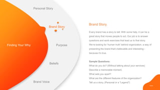 PAGE
Personal Story
Brand Story
Every brand has a story to tell. With some help, it can be a
great story that moves people to act. Our job is to answer
questions and work exercises that lead us to that story.
We’re looking for ‘human truth’ behind organization, a way of
presenting the brand that’s believable and interesting -
because it’s true.
Sample Questions:
What do you do? (Without talking about your services)
Describe a memorable moment.
What sets you apart?
What are the different features of the organization?
Tell us a story. (Personal or a "Legend")
Brand Story.
Finding Your Why Purpose
Beliefs
Brand Voice
 