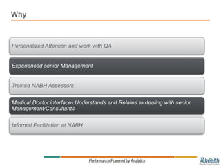 Why
Personalized Attention and work with QA
Experienced senior Management
Trained NABH Assessors
Medical Doctor interface- Understands and Relates to dealing with senior
Management/Consultants
Informal Facilitation at NABH
 