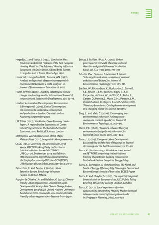 67
annex
urbact ii capitalisation
Hegedüs,J.and Tosics,I.(1992),‘Conclusion:Past
TendenciesandRecentProblemsoftheEastEuropean
HousingModel’ in: TheReformofHousinginEastern
EuropeandtheSovietUnion, Edited by B.Turner,
J.Hegedüs and I.Tosics,Routledge,1992.
Hines JM.,Hungerford HR.,Tomera,AN.(1987),
‘Analysisandsynthesisofresearchonresponsible
environmentalbehavior:ameta-analysis’,in:
JournalofEnvironmentalEducation18: 1–18.
Hurth  Wells (2007),Avertingcatastrophicclimate
change:confrontingwealth,InternationalJournalof
InnovationandSustainableDevelopment,2(1),63–78.
London Sustainable Development Commission
 Bioregional (2009),CapitalConsumption,
thetransitiontosustainableconsumption
andproductioninLondon. Greater London
Authority,September 2009.
LSE Cities (2013),Stockholm:GreenEconomyLeader
Report, A report by the Economics of Green
Cities Programme at the London School of
Economics and Political Science.London
Metropolis,World Association of the Major
Metropolises (2011),IntegratedUrbangovernance.
OECD (2014),GoverningtheMetropolitanCityof
Venice.OECD Working Party on Territorial
Policies in Urban Areas GOV/TDPC/
URB(2014)6,September 2014 available at:
http://www.oecd.org/officialdocuments/pu
blicdisplaydocumentpdf/?cote=GOV/TDPC/
URB%282014%296docLanguage=En ;p.29–31
Patacchini,E.and Zenou,Y.(2009),Urban
SprawlinEurope, Brookings-Wharton
Papers on Urban Affairs.
PuppimdeOliveiraJ.A.andBalaban,O.(2013),Climate-
friendlyUrbanRegeneration:LessonsfromJapan.
DevelopmentSociety:Asia,ClimateChange,Urban
Development.2013/08/28.UnitedNationsUniversity.
Availableat:http://ourworld.unu.edu/en/climate-
friendly-urban-regeneration-lessons-from-japan.
Seixas,J. Albet i Mas,A.(2010),‘Urban
governanceintheSouthofEurope:cultural
identitiesandglobaldilemmas’ in: Análise
Social,vol.XLV(197),2010,771–787
Schultz,PW.,Oskamp,S,Mainieri,T.(1995),
‘Whorecyclesandwhen–areviewofpersonal
andsituationalfactors’, in: Journalof
EnvironmentalPsychology15(2): 105–121.
Steffen,W.,Richardson,K.,Rockström,J.,Cornell,
S.E.,Fetzer,I.,E.M.Bennett,Biggs,R.,S.R.
Carpenter,de Vries,W.,de Wit,C.A.,Folke,C.,
Gerten,D.,Heinke,J.,Mace,G.M.,Persson,L.M.,
Veerabhadran,R.,Reyers,B.and S.Sörlin (2015),
‘Planetaryboundaries:Guidinghumandevelopment
onachangingplanet’ in: Science, 1259855.
Steg,L.,and Vlek,C.(2009),‘Encouragingpro-
environmentalbehaviour:Anintegrative
reviewandresearchagenda’, in: Journalof
EnvironmentalPsycology,29, 309–317.
Stern,P.C.(2000),‘Towardacoherenttheoryof
environmentallysignificantbehaviour’, in:
JournalofSocialIssues,56(3),407–424.
Tosics,I.(2004),‘EuropeanUrbanDevelopment:
SustainabilityandtheRoleofHousing’ in: Journal
ofHousingandtheBuiltEnvironment,19: 67–90
Turcu,C.(forthcoming),‘Dividedwetrust,united
weRETROFIT:unpackingtheinstitutional
framingofapartmentbuildingrenovationin
CentralandEasternEurope’ in: EnergyPolicy.
Turcu,C. Persson,A.(forthcoming),TheNorthand
SouthofEnergy-EfficiencyCityPlanninginCentraland
EasternEurope:thetaleoffourcities. ECEEE Paper.
Turcu,C.and Chaytor,S.(2015),Theimpactoftheglobal
financialcrisisonEuropeancities, UCL Public Policy
Briefing.University College London,London
Turcu,C.(2012),‘Localexperiencesofurban
sustainability:ResearchingHousingMarketRenewal
interventioninthreeEnglishneighbourhoods’
in: ProgressinPlanning,78 (3),101–150
 