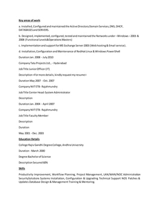 Key areas of work:
a. Installed,Configuredandmaintainedthe ActiveDirectoryDomainServices,DNS,DHCP,
DATABASESandSERVERS.
b. Designed,implemented,configured,testedandmaintainedthe Networksunder –Windows–2003 &
2008 (Functional Levels&OperationsMasters)
c. ImplementationandsupportforMS Exchange Server2003 (Webhosting& Email service).
d. Installation,ConfigurationandMaintenance of RedHatLinux &WindowsPowerShell
DurationJan.2008 - July2010
CompanyTata ProjectsLtd., - Hyderabad
JobTitle JuniorOfficer(IT)
Description<Formore details,kindlyrequestmyresume>
DurationMay 2007 - Oct. 2007
CompanyNIITETB- Rajahmundry
JobTitle CenterHead-SystemAdministrator
Description
DurationJan.2004 - April 2007
CompanyNIITETB- Rajahmundry
JobTitle FacultyMember
Description
Duration
May 2001 - Dec. 2003
Education Details
College RajivGandhi DegreeCollege,AndhraUniversity
Duration- March 2000
Degree Bachelorof Science
DescriptionSecured60%
Skills
Productivity Improvement, Workflow Planning, Project Management, LAN/WAN/NOC Administration
SecuritySolutions Systems Installation, Configuration & Upgrading Technical Support NOS Patches &
Updates Database Design & Management Training & Mentoring.
 