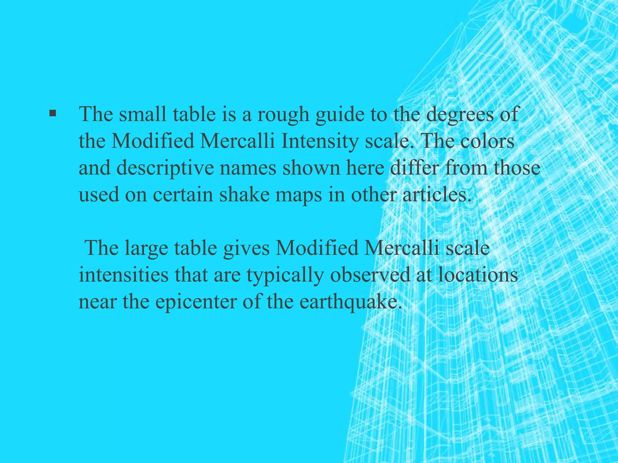  The small table is a rough guide to the degrees of
the Modified Mercalli Intensity scale. The colors
and descriptive names shown here differ from those
used on certain shake maps in other articles.
The large table gives Modified Mercalli scale
intensities that are typically observed at locations
near the epicenter of the earthquake.
 