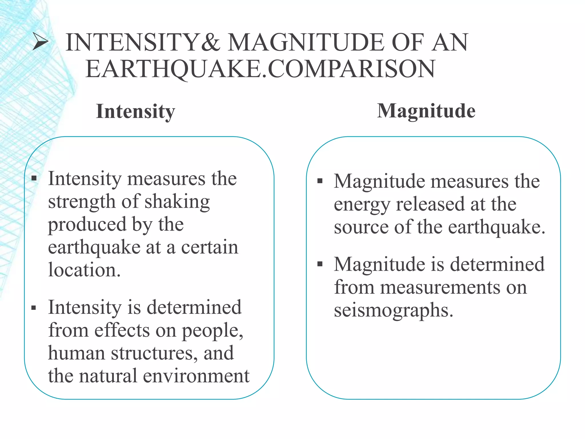  INTENSITY& MAGNITUDE OF AN
EARTHQUAKE.COMPARISON
Intensity
▪ Intensity measures the
strength of shaking
produced by the
earthquake at a certain
location.
▪ Intensity is determined
from effects on people,
human structures, and
the natural environment
Magnitude
▪ Magnitude measures the
energy released at the
source of the earthquake.
▪ Magnitude is determined
from measurements on
seismographs.
 