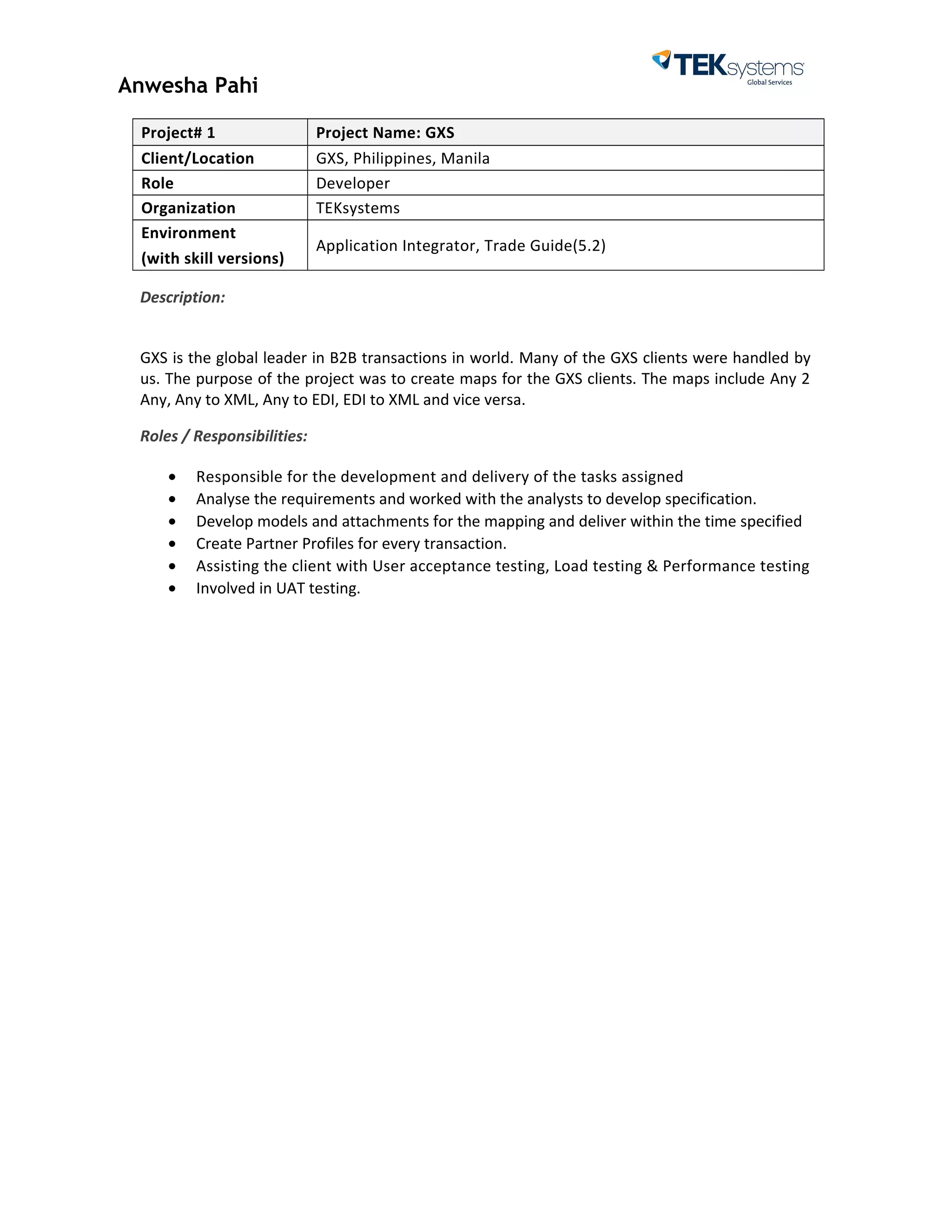 Anwesha Pahi
Project# 1 Project Name: GXS
Client/Location GXS, Philippines, Manila
Role Developer
Organization TEKsystems
Environment
(with skill versions)
Application Integrator, Trade Guide(5.2)
Description:
GXS is the global leader in B2B transactions in world. Many of the GXS clients were handled by
us. The purpose of the project was to create maps for the GXS clients. The maps include Any 2
Any, Any to XML, Any to EDI, EDI to XML and vice versa.
Roles / Responsibilities:
• Responsible for the development and delivery of the tasks assigned
• Analyse the requirements and worked with the analysts to develop specification.
• Develop models and attachments for the mapping and deliver within the time specified
• Create Partner Profiles for every transaction.
• Assisting the client with User acceptance testing, Load testing & Performance testing
• Involved in UAT testing.
 