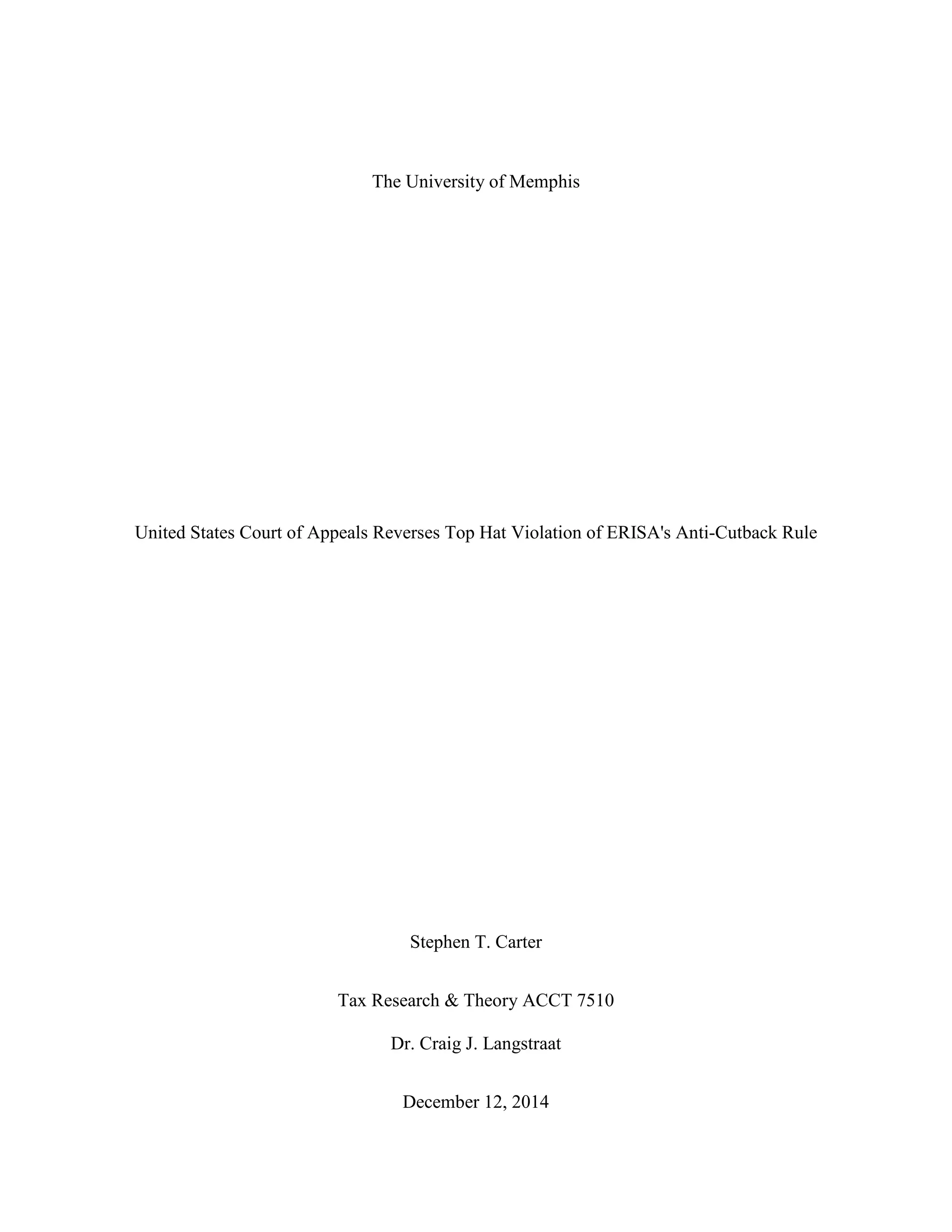 United States Court of Appeals Reverses Top Hat Violation of ERISA's ...