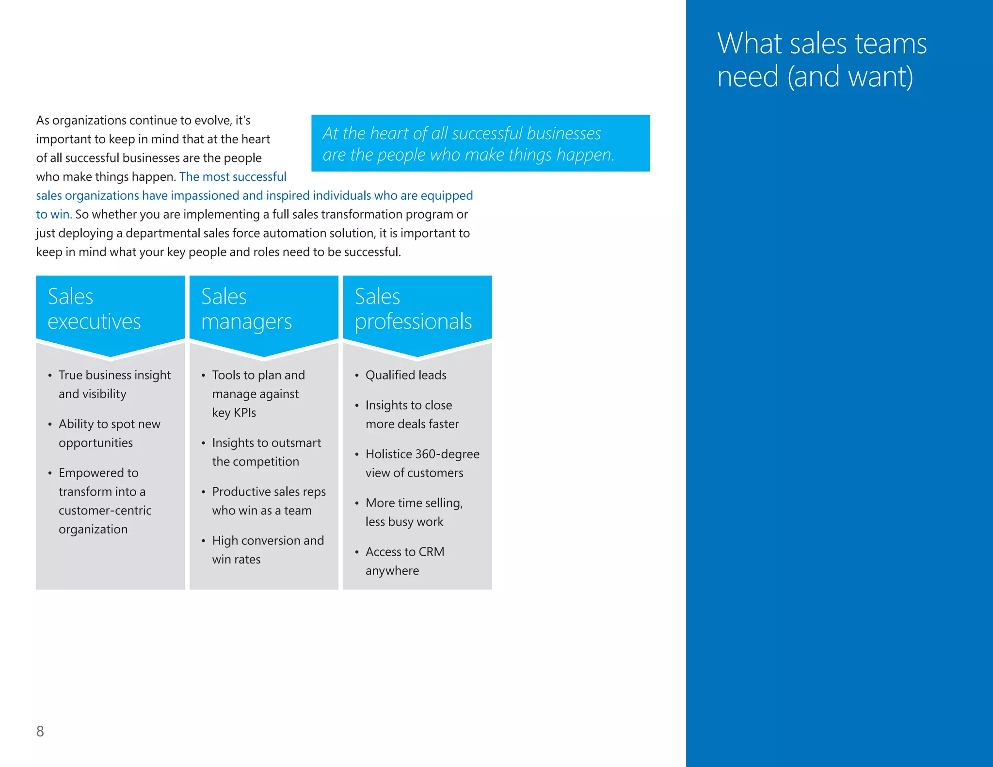 8
What sales teams
need (and want)
As organizations continue to evolve, it’s
important to keep in mind that at the heart
of all successful businesses are the people
who make things happen. The most successful
sales organizations have impassioned and inspired individuals who are equipped
to win. So whether you are implementing a full sales transformation program or
just deploying a departmental sales force automation solution, it is important to
keep in mind what your key people and roles need to be successful.
At the heart of all successful businesses
are the people who make things happen.
•	 True business insight
and visibility
•	 Ability to spot new
opportunities
•	 Empowered to
transform into a
customer-centric
organization
Sales
executives
•	 Tools to plan and
manage against
key KPIs
•	 Insights to outsmart
the competition
•	 Productive sales reps
who win as a team
•	 High conversion and
win rates
Sales
managers
Sales
professionals
•	 Qualified leads
•	 Insights to close
more deals faster
•	 Holistice 360-degree
view of customers
•	 More time selling,
less busy work
•	 Access to CRM
anywhere
 
