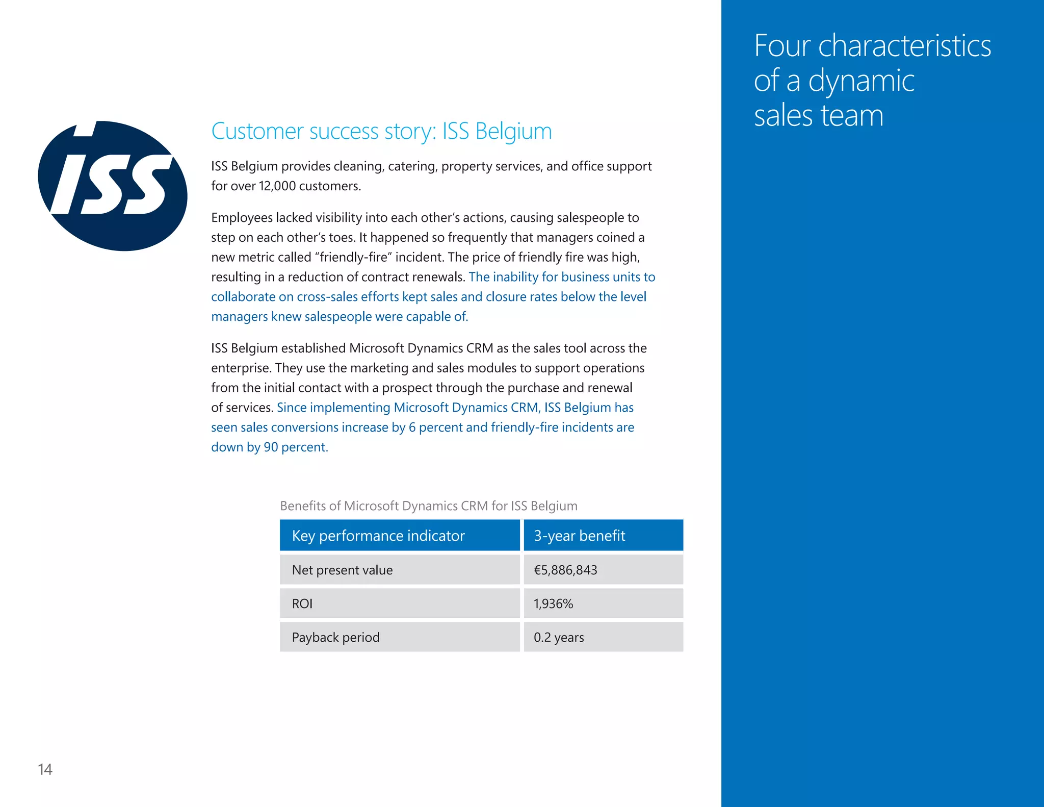 14
Four characteristics
of a dynamic
sales teamCustomer success story: ISS Belgium
ISS Belgium provides cleaning, catering, property services, and office support
for over 12,000 customers.
Employees lacked visibility into each other’s actions, causing salespeople to
step on each other’s toes. It happened so frequently that managers coined a
new metric called “friendly-fire” incident. The price of friendly fire was high,
resulting in a reduction of contract renewals. The inability for business units to
collaborate on cross-sales efforts kept sales and closure rates below the level
managers knew salespeople were capable of.
ISS Belgium established Microsoft Dynamics CRM as the sales tool across the
enterprise. They use the marketing and sales modules to support operations
from the initial contact with a prospect through the purchase and renewal
of services. Since implementing Microsoft Dynamics CRM, ISS Belgium has
seen sales conversions increase by 6 percent and friendly-fire incidents are
down by 90 percent.
Benefits of Microsoft Dynamics CRM for ISS Belgium
Key performance indicator 3-year benefit
Net present value €5,886,843
ROI 1,936%
Payback period 0.2 years
 