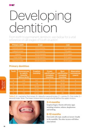 Keyclinical
protocols
66
Developing
dentitionFrom birth to permanent dentition, see below for a vital
reference on all stages of tooth eruption
3-4 months
Eruption begins. Parents will notice signs
including irritation, redness, sleeplessness
and teething.
6-12 months
First tooth will erupt, usually an incisor. Usually
in the mandible. The other incisors will follow
close behind.
Primary dentition
Table 2: A = central or first incisor; B = lateral or second incisor; C = canine; D = first molar; E =
second molar. Note: The lower incisors tent to erupt shortly before the upper incisors.
Primary teeth Erupt Lost
Central incisor 8-12 months 6-7 years
Lateral incisor 9-13 months 7-8 years
Canine 16-22 months 10-12 years
First molar 13-19 months 9-11 years
Second molar 25-33 months 10-12 years
Tooth Commences
to calcify
(months
before birth)
Eruption
(months)
Crown
calcification
complete
(months)
Root
calcification
complete
(months)
Absorption
commences
(years)
A 3-4 5-7 4 18-24 4
B 4-5 7-8 5 18-24 5
C 5 16-20 9 30-36 7
D 5 12-16 6 24-30 6
E 7-9 20-30 12 36 6
 