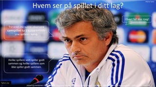 Hvem ser p? spillet i ditt lag?
Treneren m? kunne observere
samspillet for ? kunne veilede
sine spillere i kamp.
I hvert fall ikke meg!
Hvilke spillere som spiller godt
sammen og hvilke spillere som
ikke spiller godt sammen.
Fotball og arbeidslivet C Fotballspillet C Pasning og Mottak C Ferdigheter & Utfordringer C Spilleregler C M?l C Broallianser & Overgangsfaser C Spillforst?else C Sp?rsm?l
Tahiri.no
Patrick Tahiri
 