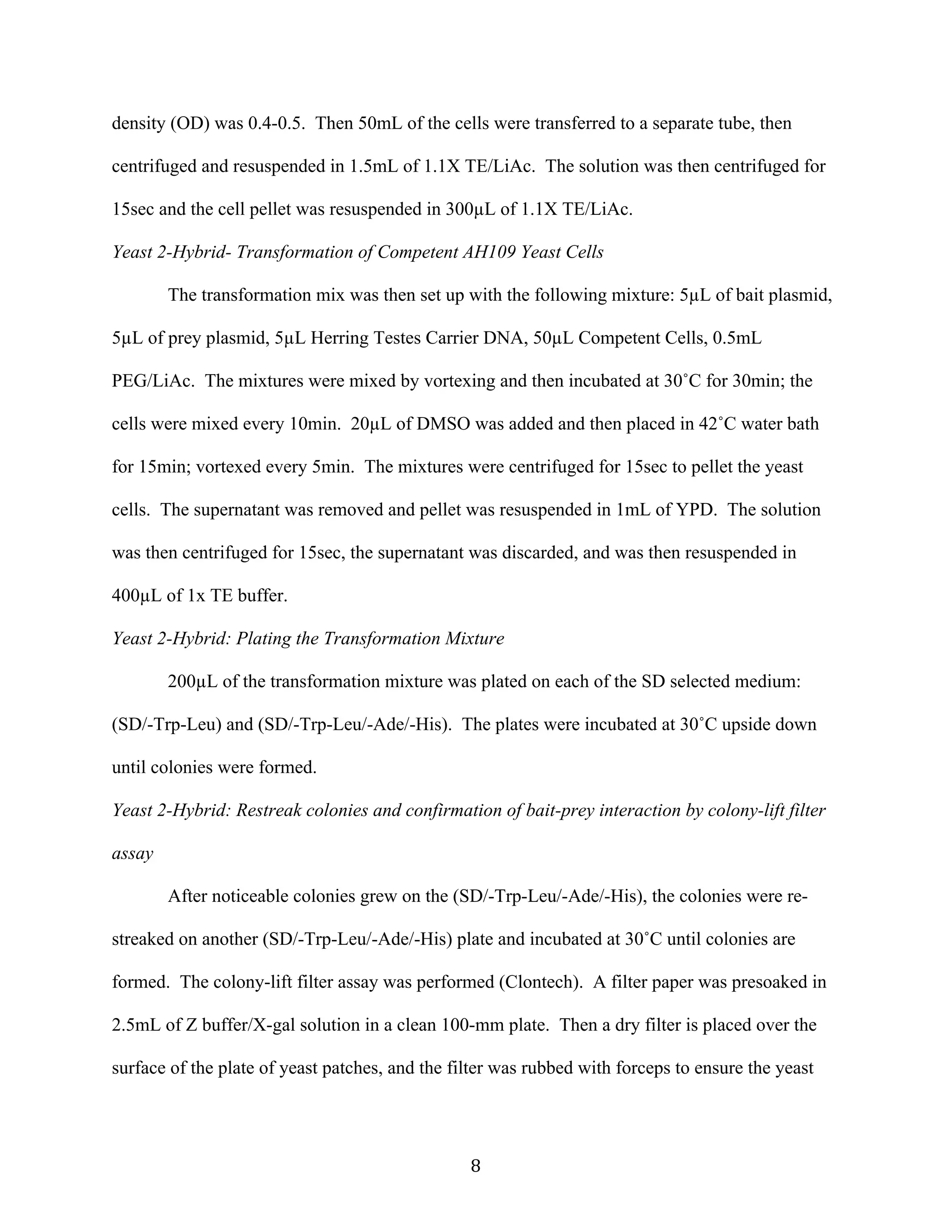   8	
  
density (OD) was 0.4-0.5. Then 50mL of the cells were transferred to a separate tube, then
centrifuged and resuspended in 1.5mL of 1.1X TE/LiAc. The solution was then centrifuged for
15sec and the cell pellet was resuspended in 300µL of 1.1X TE/LiAc.
Yeast 2-Hybrid- Transformation of Competent AH109 Yeast Cells
The transformation mix was then set up with the following mixture: 5µL of bait plasmid,
5µL of prey plasmid, 5µL Herring Testes Carrier DNA, 50µL Competent Cells, 0.5mL
PEG/LiAc. The mixtures were mixed by vortexing and then incubated at 30˚C for 30min; the
cells were mixed every 10min. 20µL of DMSO was added and then placed in 42˚C water bath
for 15min; vortexed every 5min. The mixtures were centrifuged for 15sec to pellet the yeast
cells. The supernatant was removed and pellet was resuspended in 1mL of YPD. The solution
was then centrifuged for 15sec, the supernatant was discarded, and was then resuspended in
400µL of 1x TE buffer.
Yeast 2-Hybrid: Plating the Transformation Mixture
200µL of the transformation mixture was plated on each of the SD selected medium:
(SD/-Trp-Leu) and (SD/-Trp-Leu/-Ade/-His). The plates were incubated at 30˚C upside down
until colonies were formed.
Yeast 2-Hybrid: Restreak colonies and confirmation of bait-prey interaction by colony-lift filter
assay
After noticeable colonies grew on the (SD/-Trp-Leu/-Ade/-His), the colonies were re-
streaked on another (SD/-Trp-Leu/-Ade/-His) plate and incubated at 30˚C until colonies are
formed. The colony-lift filter assay was performed (Clontech). A filter paper was presoaked in
2.5mL of Z buffer/X-gal solution in a clean 100-mm plate. Then a dry filter is placed over the
surface of the plate of yeast patches, and the filter was rubbed with forceps to ensure the yeast
 