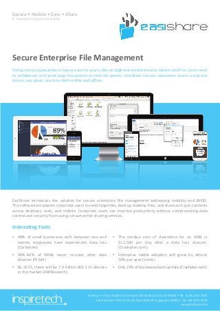 Secure • Mobile • Sync • Share
 EasiShare Enterprise Datasheet
Secure Enterprise File Management
Today, many organizations require users to access files on different mobile devices, tablets and PCs. Users need
to collaborate and send large documents to external parties. EasiShare secures document access using any
device, any place, any time both online and offline.
EasiShare introduces the solution for secure enterprise file management addressing mobility and BYOD.
The software empowers corporate users to send large files, back up desktop files, and share and sync contents
across desktops, web, and mobile. Corporate users can improve productivity without compromising data
control and security from using consumer file sharing services.
Interesting Facts
•	 48% of small businesses with between two and
twenty employees have experienced data loss
(Carbonite)
•	 40%-60% of SMBs never re-open after data
disaster (FEMA)
•	 By 2015, there will be 7.4 billion 802.11n devices
in the market (ABIResearch)
•	 The median cost of downtime for an SMB is
$12,500 per day after a data loss disaster.
(Crashplan.com)
•	 Enterprise tablet adoption will grow by almost
50% per year (Vertic)
•	 Only 23% of businesses back up daily (Crashplan.com)
Americas • 3 Twin Dolphin Drive Suite 260 Redwood City CA 94065 • Tel: +1.832.561.7001
International • 970 Toa Payoh North #05-03 Singapore 318992 • Tel: +65.6255.0010
www.easishare.com
 