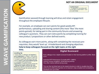 NOTANORIGINALDOCUMENT
WEAVEGAMIFICATION
Gamification weaved through learning will drive and retain engagement
throughout the employee lifecycle.
For example, an employee can earn points for good weekly KPI
performances, uploading and sharing content (the more ‘likes’ the more
points gained), for taking part in the community forums and answering
colleague’s questions. They can earn extra points by completing training for
new product / propositions or other defined events.
As colleagues earn more points, along with completing the necessary pre-
requisites, they would ‘level up’. A leaderboard and changing objectives
help to keep colleagues focused on the right topics at the right
time.
Digital Scorecard
Each colleague has a digital scorecard located on their learning platform profile. Made
up of:
•Individual KPI Performance (Currently NPS + NMPH)
•Activity (course completion, social learning activity)
•Any other metrics defined during scope
This can then be linked back to the reward structure in order to visually show their
performance whilst spurring them on to improve it, stay compliant and constantly be
developed and up-to-date.
Certified Expert
• To separate our accredited staff,
we will offer a visual reward – such
as a gold badge
Levelling Up
• Each week, a colleague will receive a
set of objectives i.e. Reach 1,000 points,
hit defined KPI targets, upload a video etc.
• In order to reach the next level, they will
need to reach a set of pre-defined goals
i.e. consistent KPI performance
(NPS/NMPH), e-learning points scored etc.
• Hitting this target unlocks the next
level and progress is shared with regions
or territories through the activity feed on
learning platform.
NOT AN ORIGINAL DOCUMENT
 