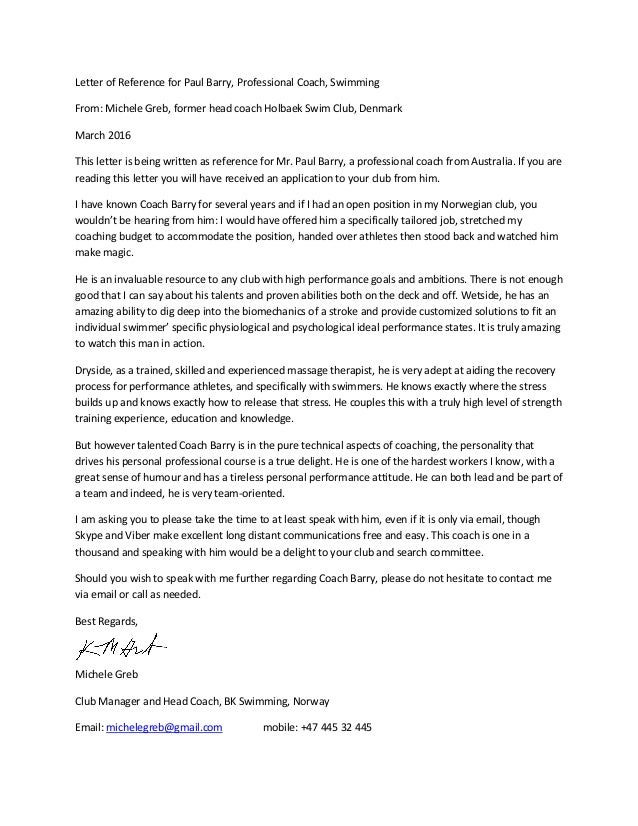 Letter of Reference for Paul Barry from Michele Greb Head Coach BK Sw…