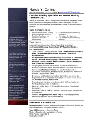 1
Marcia Y. Collins
2600 East Renner Rd apt 157 n 214-733-6654 n marcia_collins007@yahoo.com
Certified Reading Specialist and Master Reading
Teacher EC-12
Seeking an Instructional Literacy Coach position with a reputable independent school
district to expand and challenge my expertise in literacy, training and coaching,
collaborate with teaching staff and other stakeholders to meet the academic needs of
students.
Core Competencies
— Student Assessment & Testing
— Instructional Best-Practices
— Teaching Excellence and
Increasing academic
development
— Co-Presenter National Literacy
Conference
— Curriculum Development
— Key member Summer Literacy
Institute
Experience
Inspired Vision Elementary-Texas Public Charter School
Instructional Literacy Coach (PreK-2nd
Teacher Mentor),
Key Contributions:
— 2014 Summer Literacy Institute Team Leader in collaboration
with Independent Educational Bilingual Consultant
Kathleen Leos
— Co-Presenter of National Literacy convention in Charlotte,
North Carolina “Encouraging Communities of Readers
through Literacy Clubs: Association of Literacy Educators
and Literacy Researchers
— Taught general education students and adult learners with
learning challenges within a mainstreamed, inclusive classroom
— Served on school committees and task forces focused on
curriculum development, textbook review, fundraising: Member of
Campus Improvement Team
— Developed and led/Communication Committee appointed by
Superintendent to meet communication and social needs based
on diverse student population
— Promote understanding of and respect for different cultural /
heritage backgrounds of students.
— Experienced Per Diem McGraw Hill Independent Educational
Consultant
— Motivate / mentor PreK-2nd
teachers towards higher success and
achievement
— Created Snuggle Up and Read Day to encourage promote
family engagement and student reading
Education & Credentials
Walden University-Currently working on Doctorate in Education in Reading and
Literacy Leadership- anticipated completion June 2017
Texas A&M Commerce — Commerce, Texas
Masters in Education with a specialization in Reading
Master Reading Teacher EC-12
Reading Specialist EC-12
Southern University A&M University-Baton Rouge, Louisiana
“Marcia has a passion for
teaching students and
“Marcia fosters teachers’
creativity. She is very
detailed oriented. She sets a
guide for new and veteran
teachers to follow”-Debra
Washington-1
st
year teacher
“Marcia demonstrated from
early in her tenure that she
understood what business is
all about. She is well
organized.
Marcia is available for new
challenges only because of
her desire to learn and grow
further”
Mia Jacobs 3
rd
grade-teacher
“Marcia is a person of
integrity with a gift and
heart for teaching.” –
Sylvia Lewis-Program
Specialist TEA
“Marcia has a natural
ability to connect with
others and her talent as a
mentor and teaching
simple concepts is truly
superior” –Barbara
Gibson District
Administrator-A-plus
Academy
2
B
 