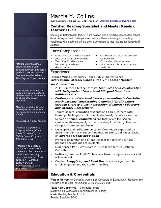 reading specialist resumes