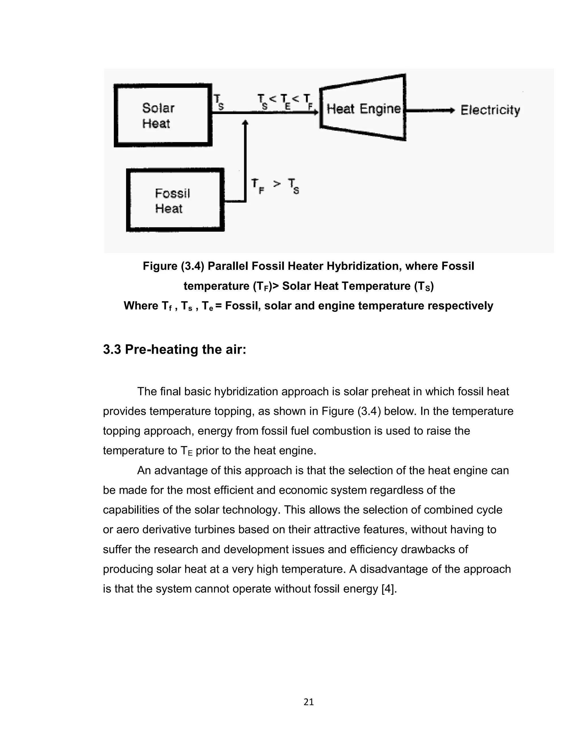 21
Figure (3.4) Parallel Fossil Heater Hybridization, where Fossil
temperature (TF)> Solar Heat Temperature (TS)
Where Tf , Ts , Te = Fossil, solar and engine temperature respectively
3.3 Pre-heating the air:
The final basic hybridization approach is solar preheat in which fossil heat
provides temperature topping, as shown in Figure (3.4) below. In the temperature
topping approach, energy from fossil fuel combustion is used to raise the
temperature to TE prior to the heat engine.
An advantage of this approach is that the selection of the heat engine can
be made for the most efficient and economic system regardless of the
capabilities of the solar technology. This allows the selection of combined cycle
or aero derivative turbines based on their attractive features, without having to
suffer the research and development issues and efficiency drawbacks of
producing solar heat at a very high temperature. A disadvantage of the approach
is that the system cannot operate without fossil energy [4].
 