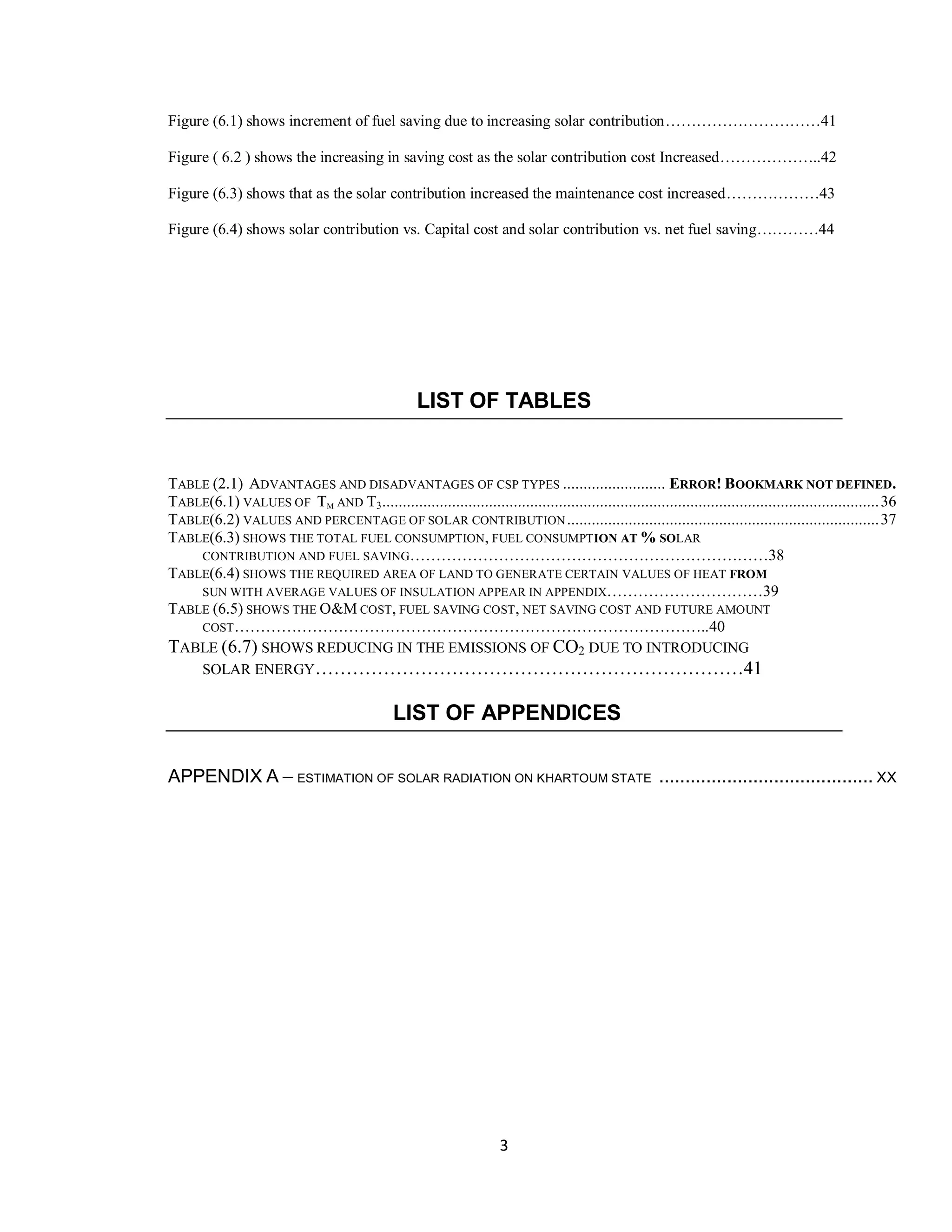 3
Figure (6.1) shows increment of fuel saving due to increasing solar contribution…………………………41
Figure ( 6.2 ) shows the increasing in saving cost as the solar contribution cost Increased………………..42
Figure (6.3) shows that as the solar contribution increased the maintenance cost increased………………43
Figure (6.4) shows solar contribution vs. Capital cost and solar contribution vs. net fuel saving…………44
LIST OF TABLES
TABLE (2.1) ADVANTAGES AND DISADVANTAGES OF CSP TYPES ......................... ERROR! BOOKMARK NOT DEFINED.
TABLE(6.1) VALUES OF TM AND T3.........................................................................................................................36
TABLE(6.2) VALUES AND PERCENTAGE OF SOLAR CONTRIBUTION............................................................................37
TABLE(6.3) SHOWS THE TOTAL FUEL CONSUMPTION, FUEL CONSUMPTION AT % SOLAR
CONTRIBUTION AND FUEL SAVING……………………………………………………………38
TABLE(6.4) SHOWS THE REQUIRED AREA OF LAND TO GENERATE CERTAIN VALUES OF HEAT FROM
SUN WITH AVERAGE VALUES OF INSULATION APPEAR IN APPENDIX…………………………39
TABLE (6.5) SHOWS THE O&M COST, FUEL SAVING COST, NET SAVING COST AND FUTURE AMOUNT
COST………………………………………………………………………………..40
TABLE (6.7) SHOWS REDUCING IN THE EMISSIONS OF CO2 DUE TO INTRODUCING
SOLAR ENERGY……………………………………………………………41
LIST OF APPENDICES
APPENDIX A – ESTIMATION OF SOLAR RADIATION ON KHARTOUM STATE ......................................... XX
 